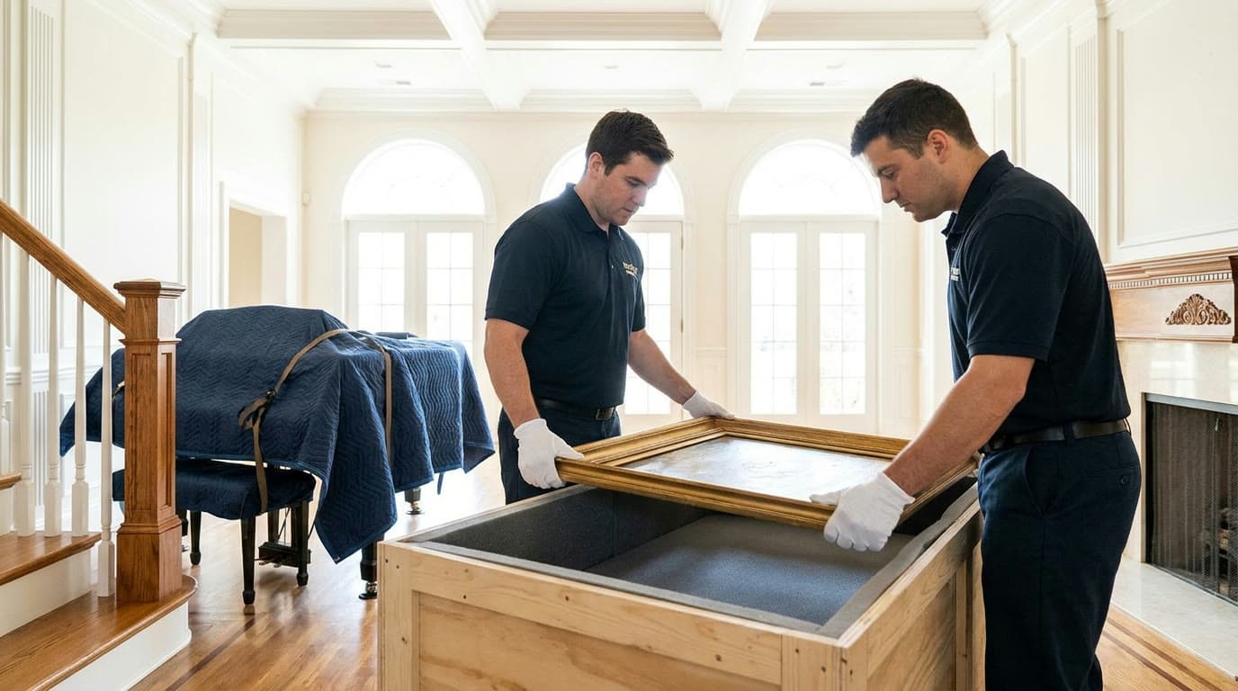 White-gloved movers crating a framed painting beside a wrapped grand piano