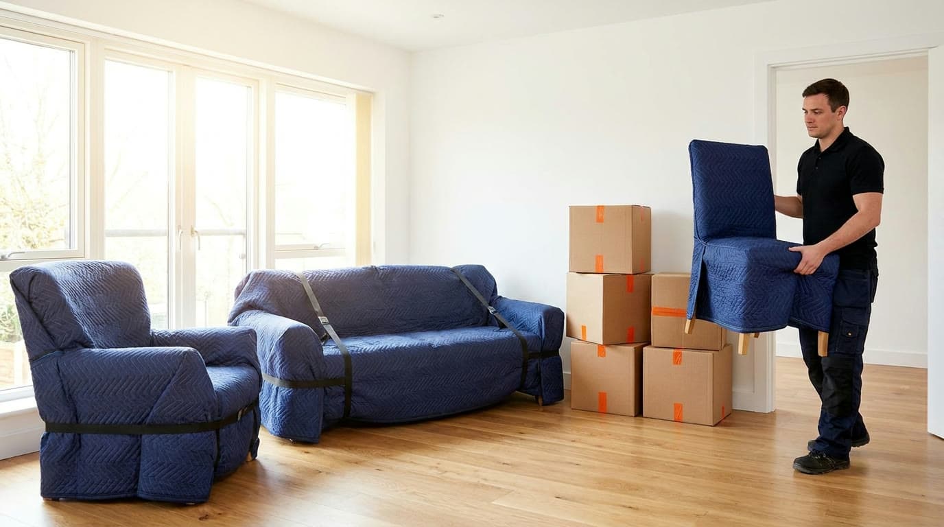 Mover carrying blanket-wrapped furniture through a bright living room