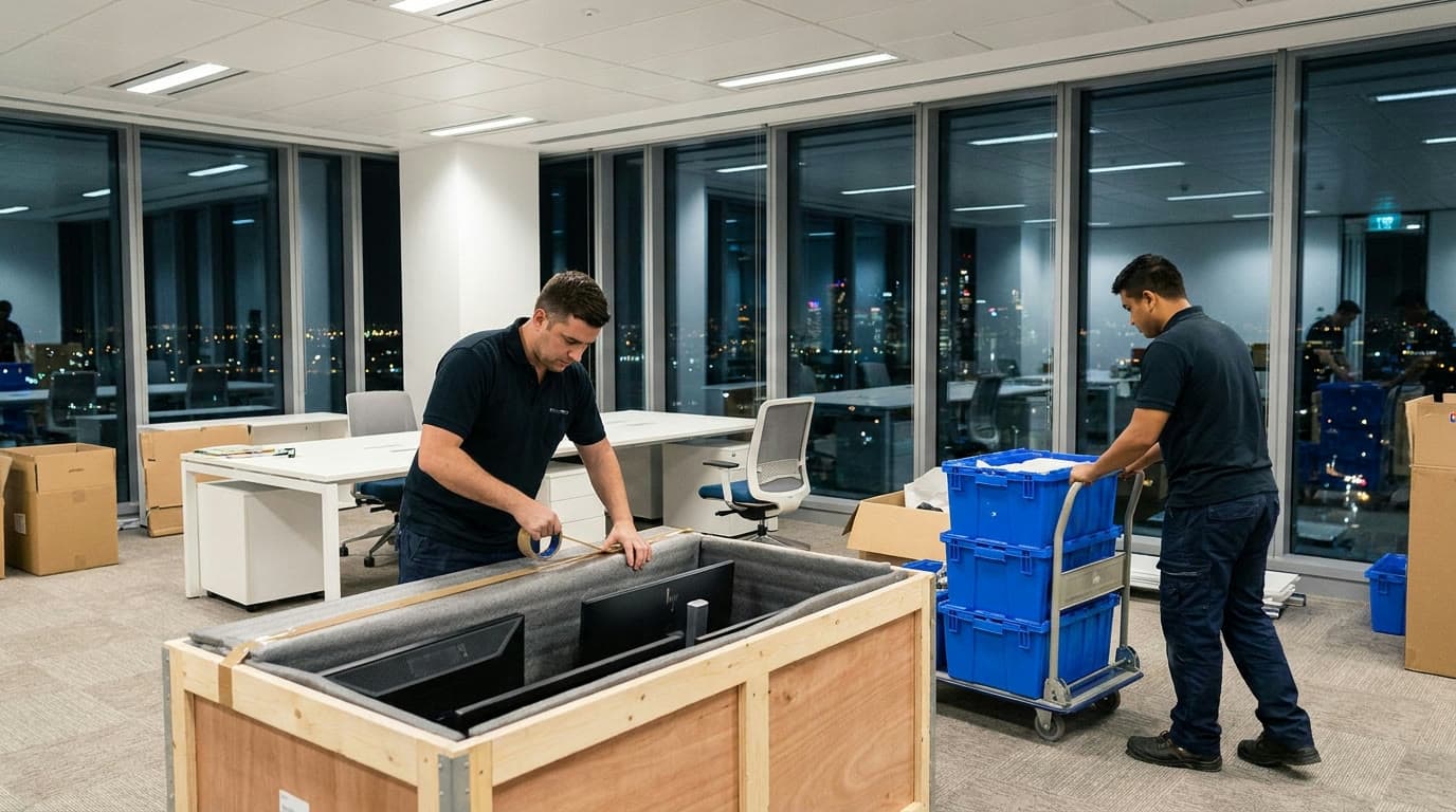 Office workstations being professionally packed into labeled crates at night