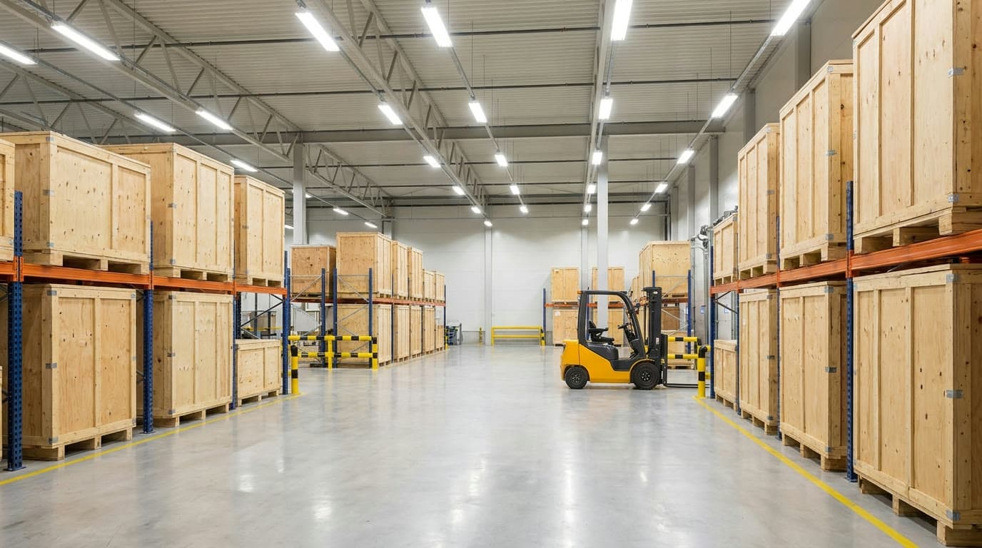 Rows of sealed wooden storage vaults inside a clean monitored warehouse